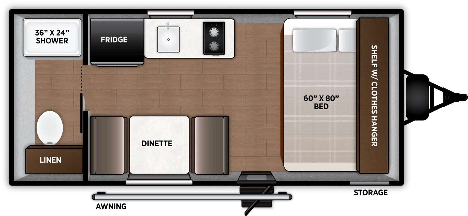 The Airelume 162 floorplan has one entry and zero slide outs. Exterior features include: metal exterior. Interiors features include: front bedroom and rear bathroom.